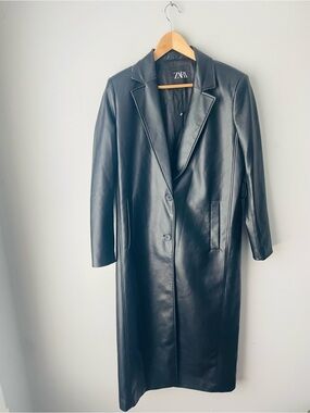 Zara Black Faux Leather Trench Blogger Fav oversized